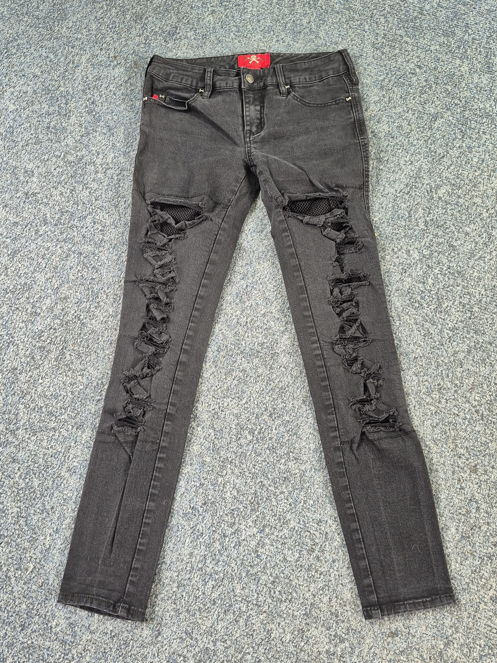 Royal Bones Black Distressed Skinny Jeans with Fishnet Inset
